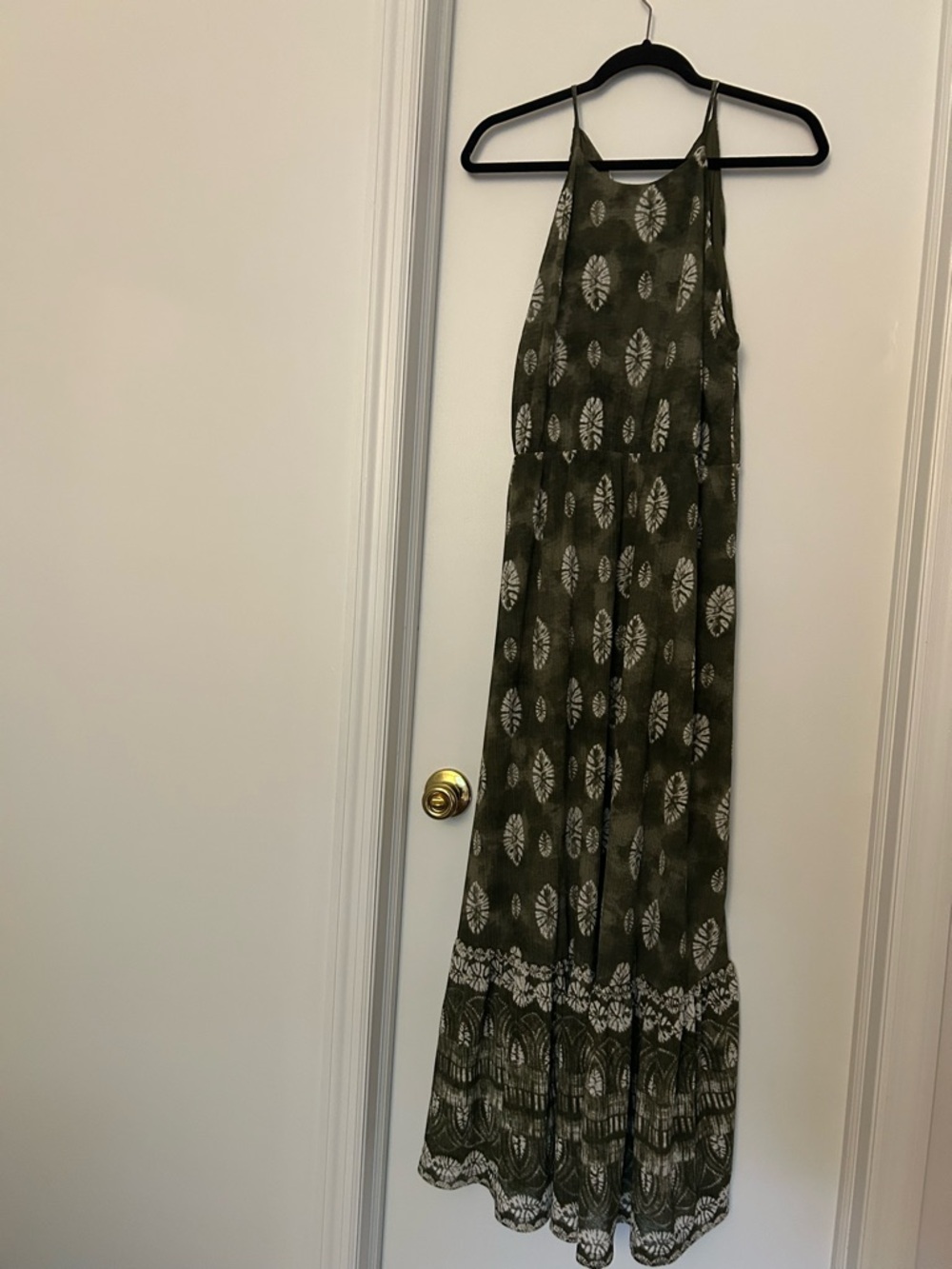 Olive Green Printed Maxi Dress - Sleeveless Halter Style